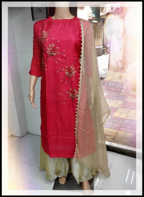 Red Raw Silk Kurti with Dupatta