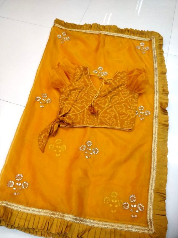 Mustard Organza Saree & Bandhani Blouse - Image 3