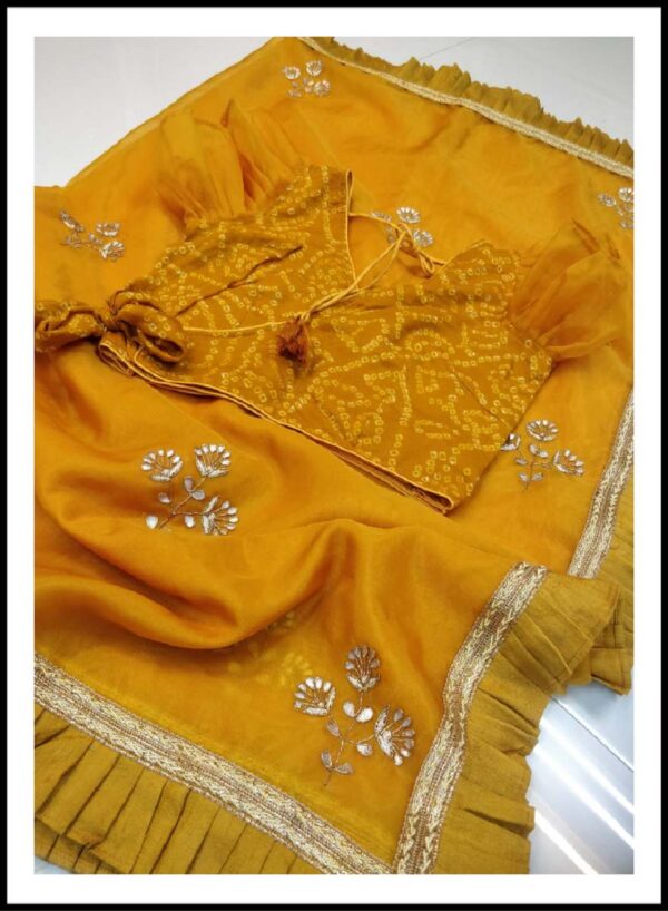 Mustard Organza Saree & Bandhani Blouse - Image 2